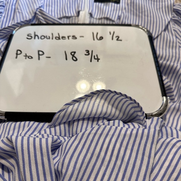 DN Design Women’s Blue & White striped chambray ruffled front dress. Sz 16W - Picture 6 of 9